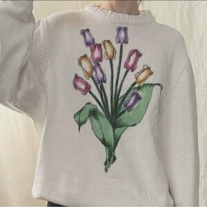 Vintage Frillz White Floral Tulip Graphic Sweater